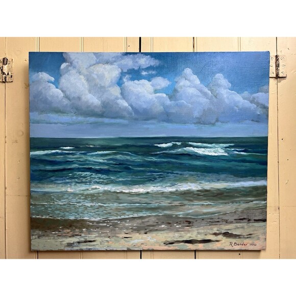 Vintage Oil Painting Canvas Ocean Waves SIGNED Seascape Clouds Nautical Beach - Picture 1 of 9